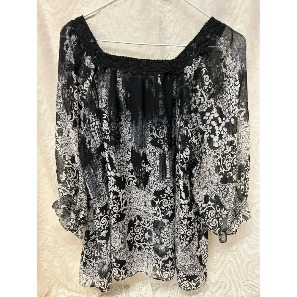 NY Collection Womens Black White Damask Chiffon Blouse Crochet Lace Trim Large - Picture 6 of 8
